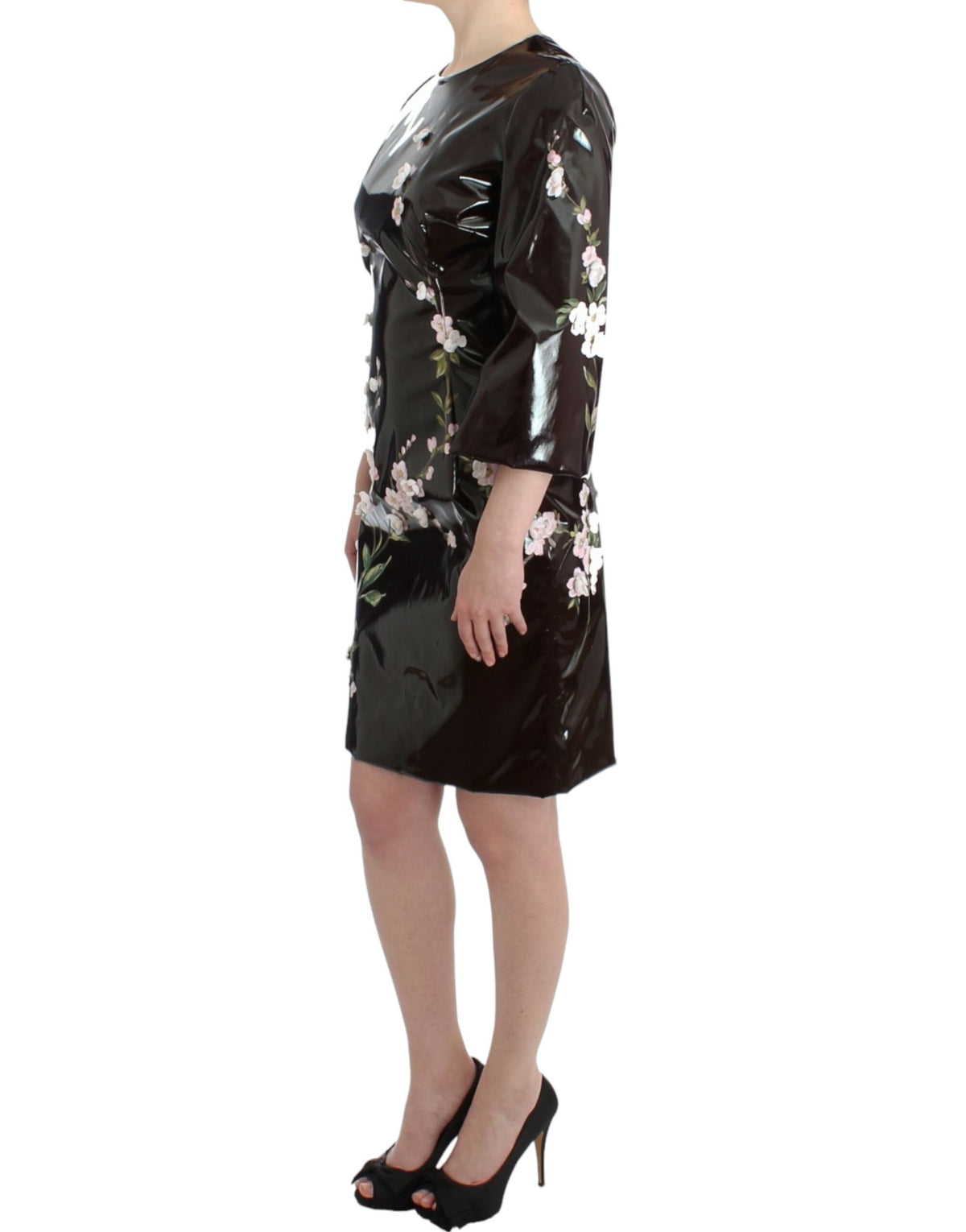 Dolce & Gabbana Black Patent Floral Handpainted Dress