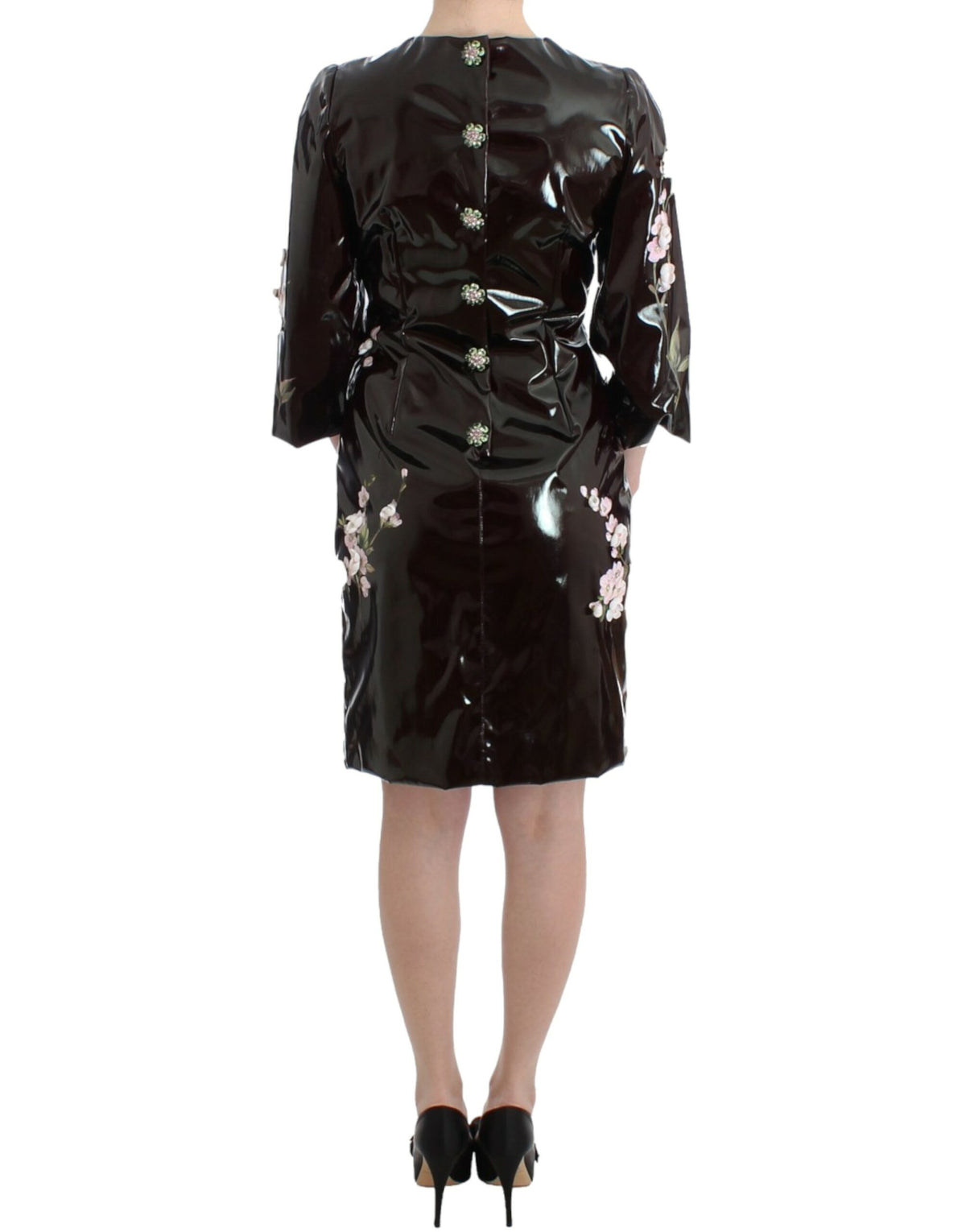 Dolce & Gabbana Black Patent Floral Handpainted Dress