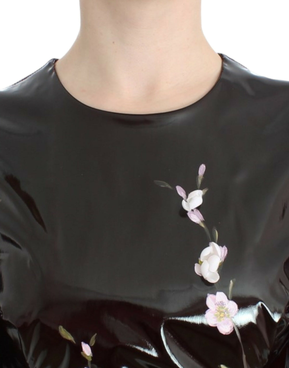 Dolce & Gabbana Black Patent Floral Handpainted Dress