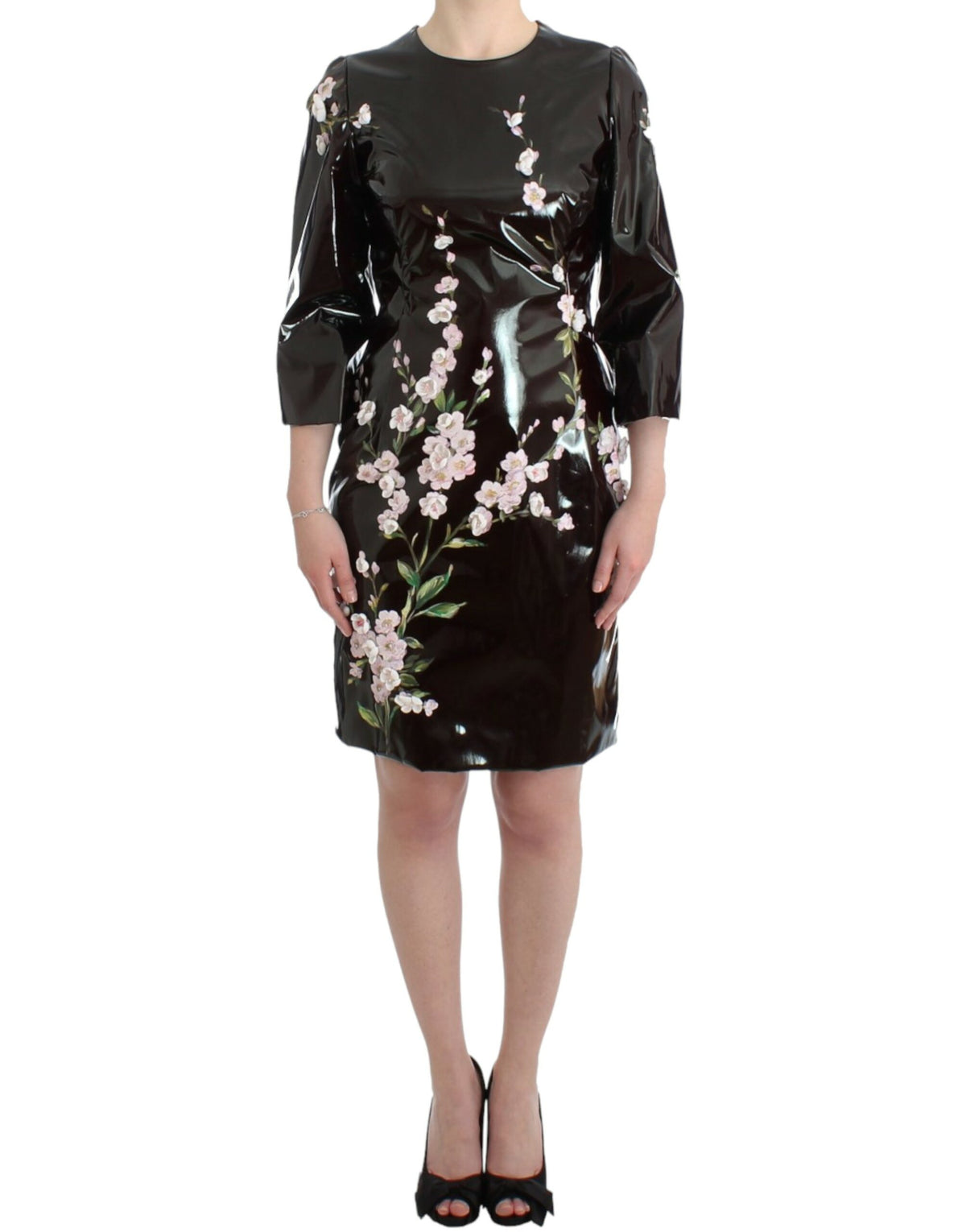 Dolce & Gabbana Black Patent Floral Handpainted Dress