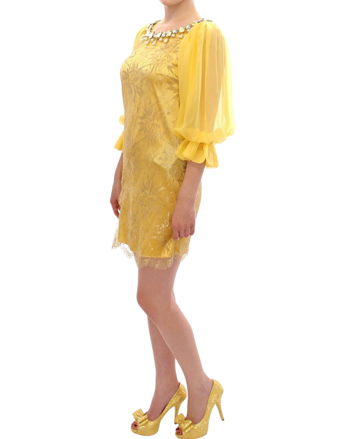 Dolce & Gabbana Yellow Lace Crystal Mini Dress