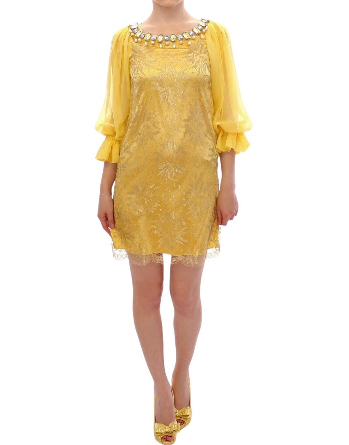 Dolce & Gabbana Yellow Lace Crystal Mini Dress