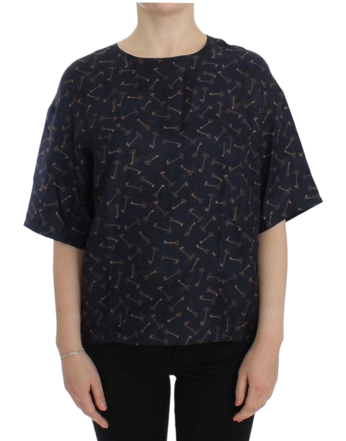 Dolce & Gabbana Blue Gold Key Print Silk Blouse