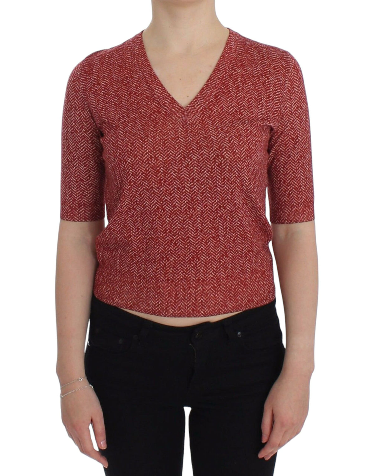 Dolce & Gabbana Red Wool Tweed Short Sleeve Sweater Pullover