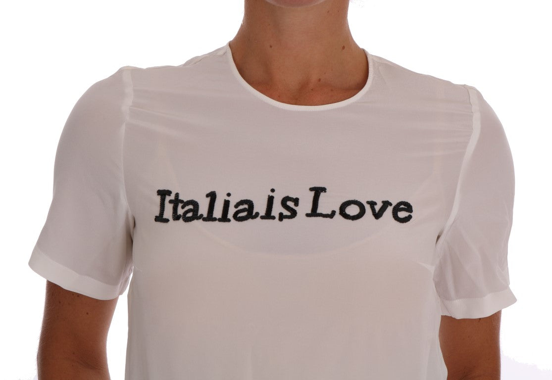 Dolce & Gabbana Silk Sequined 'Italia Is Love' White Blouse