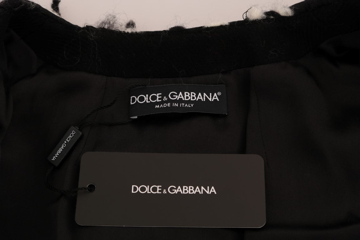 Dolce & Gabbana Black and White Fringed Wool Coat Jacket