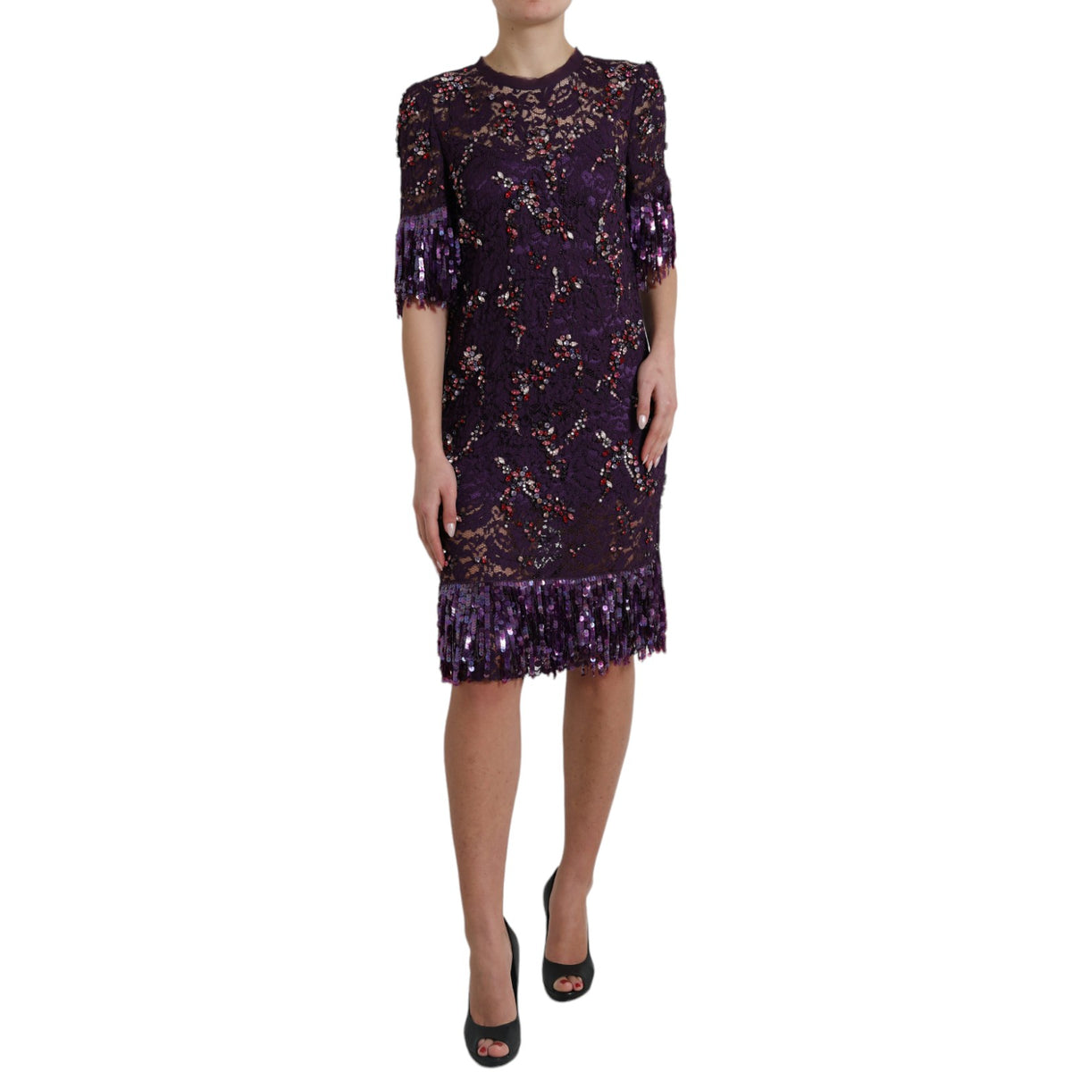 Dolce & Gabbana Purple Floral Lace Crystal Embedded Dress