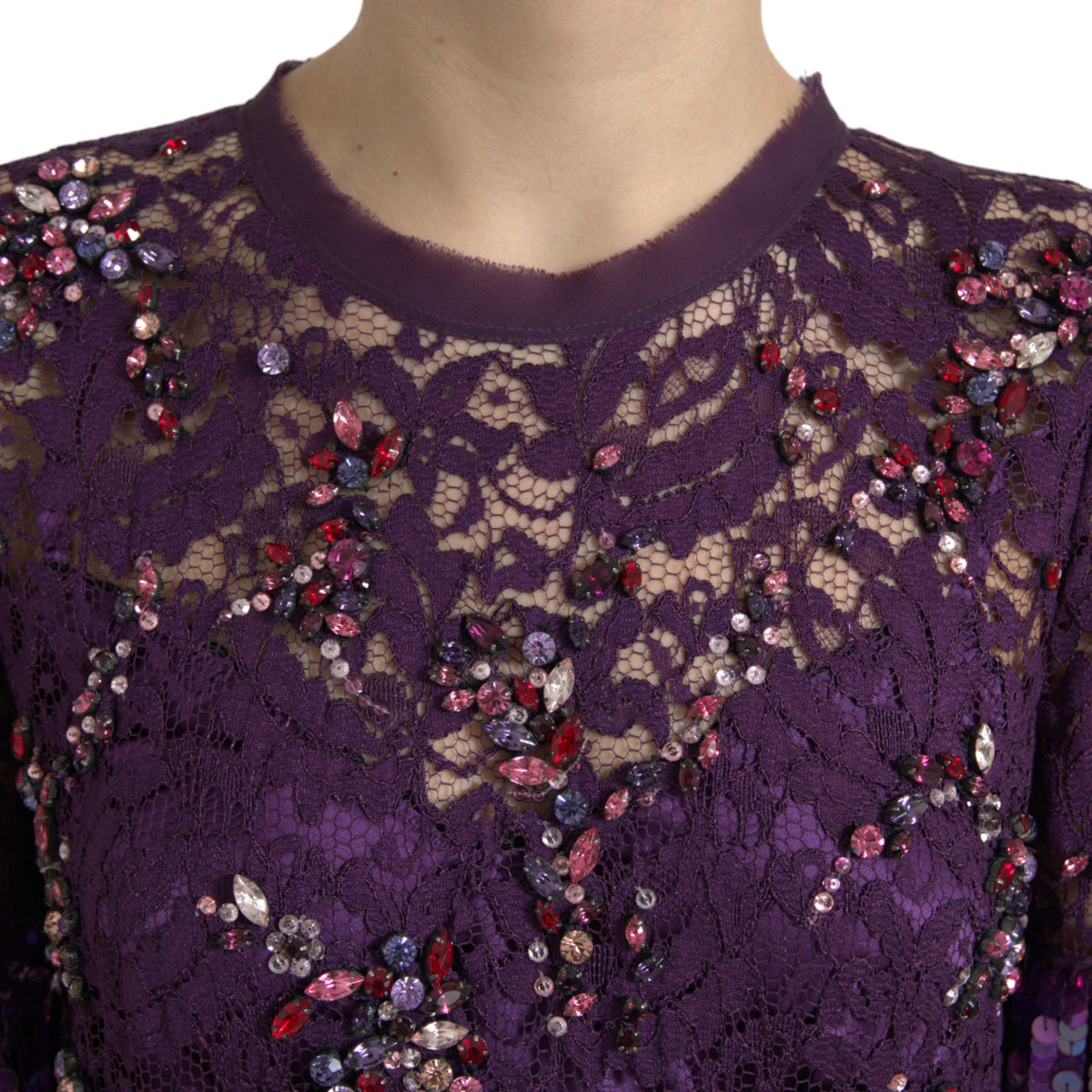 Dolce & Gabbana Purple Floral Lace Crystal Embedded Dress