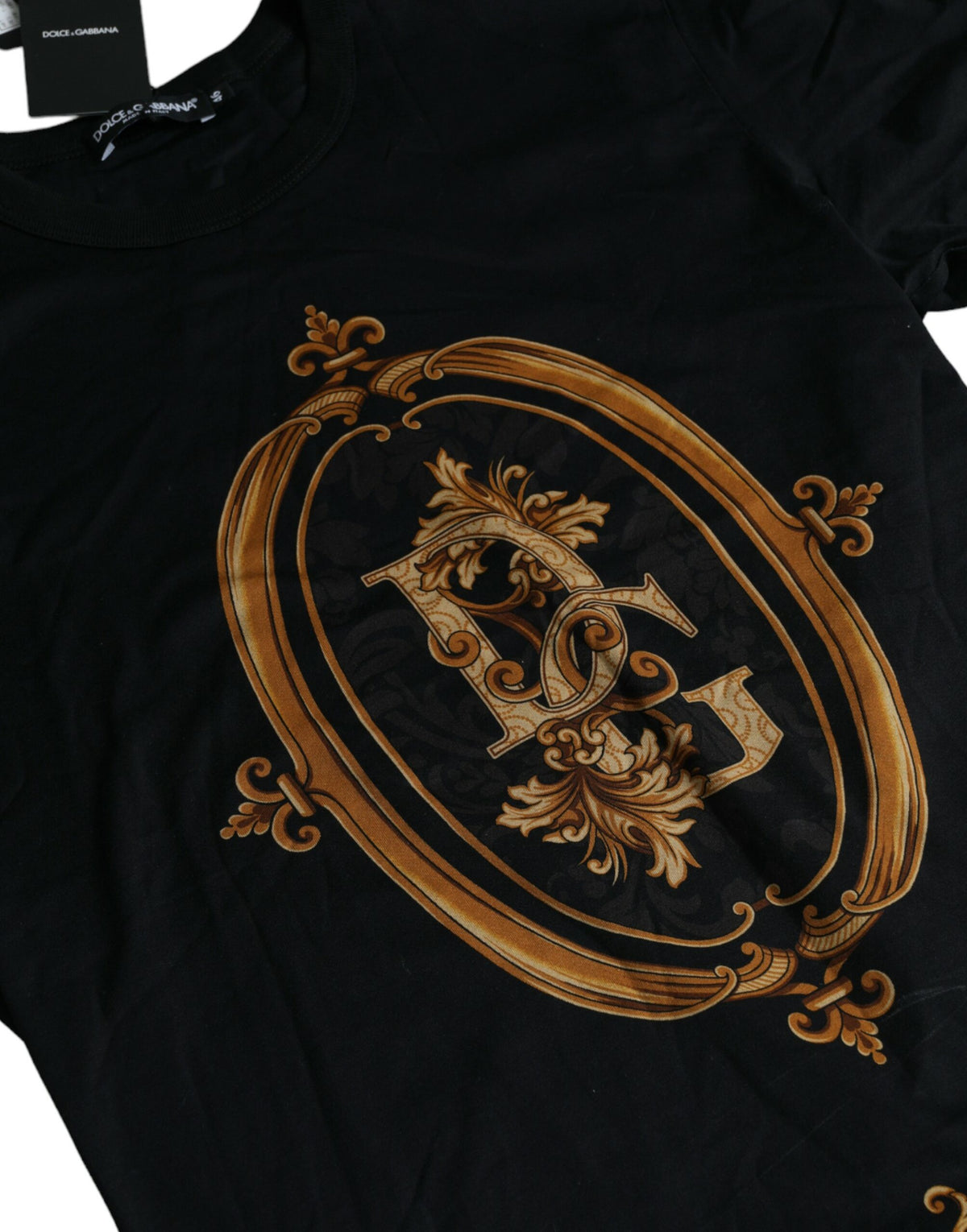 Dolce & Gabbana Black Gold Logo Print Cotton Crew Neck T-shirt