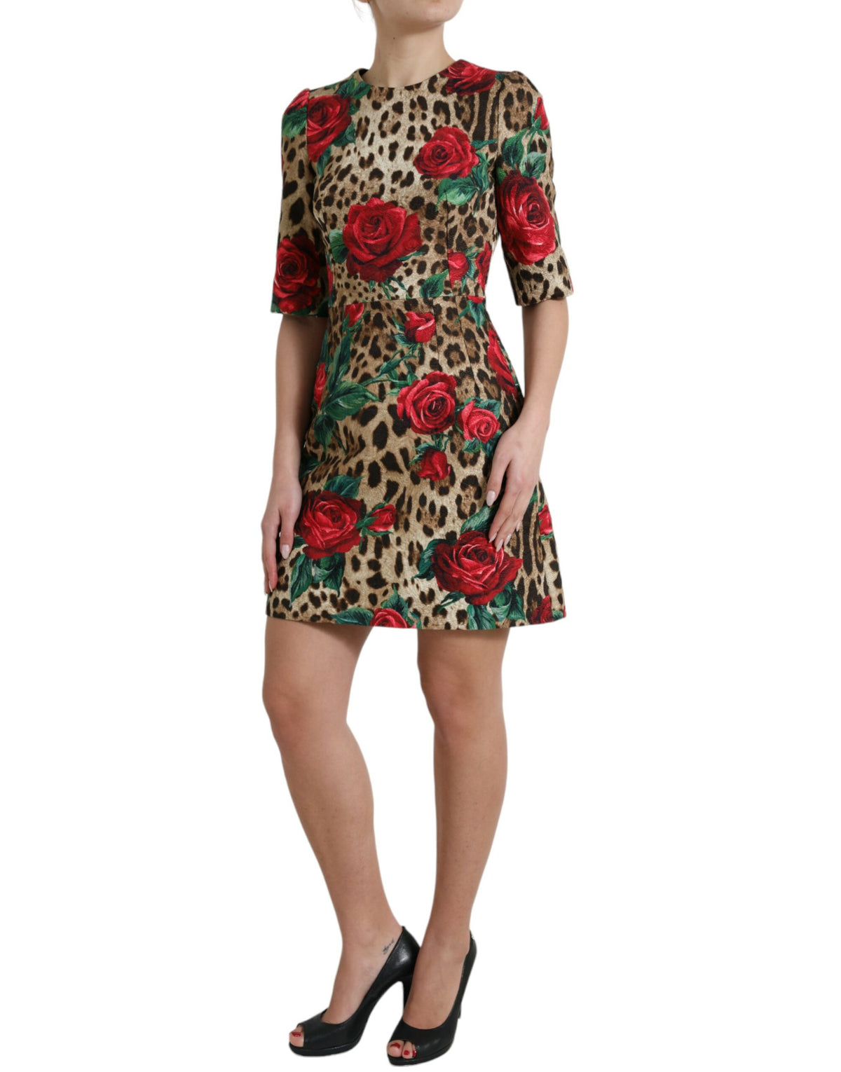 Dolce & Gabbana Elegant A-Line Leopard & Floral Dress