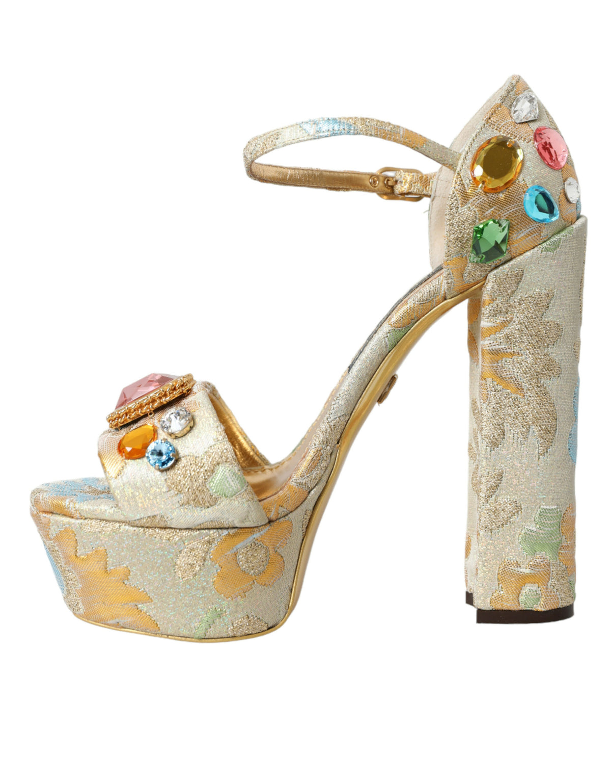 Dolce & Gabbana Gold Floral Jacquard Crystal Sandals Shoes