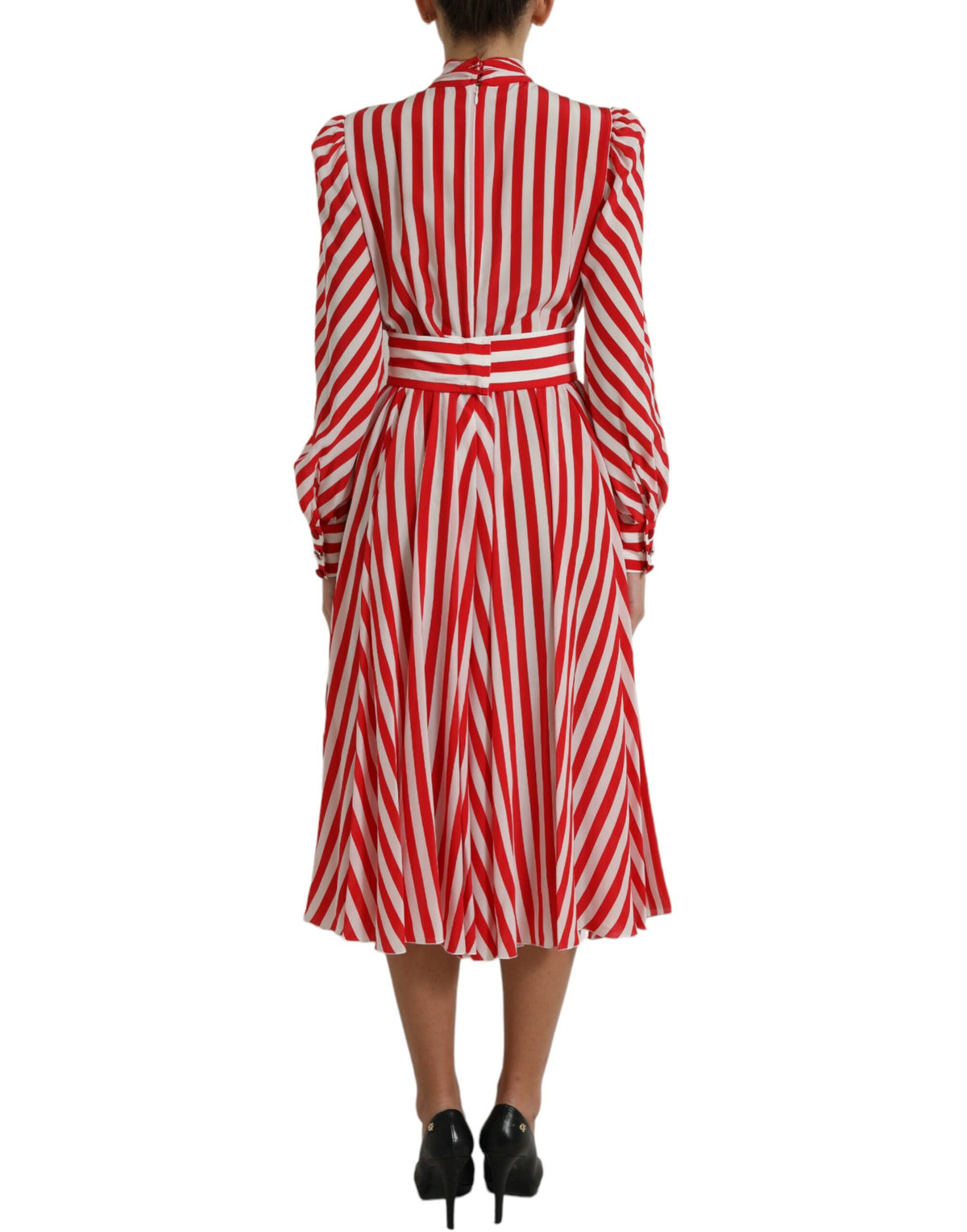 Dolce & Gabbana Elegant Striped Silk Maxi Dress with Ascot Collar