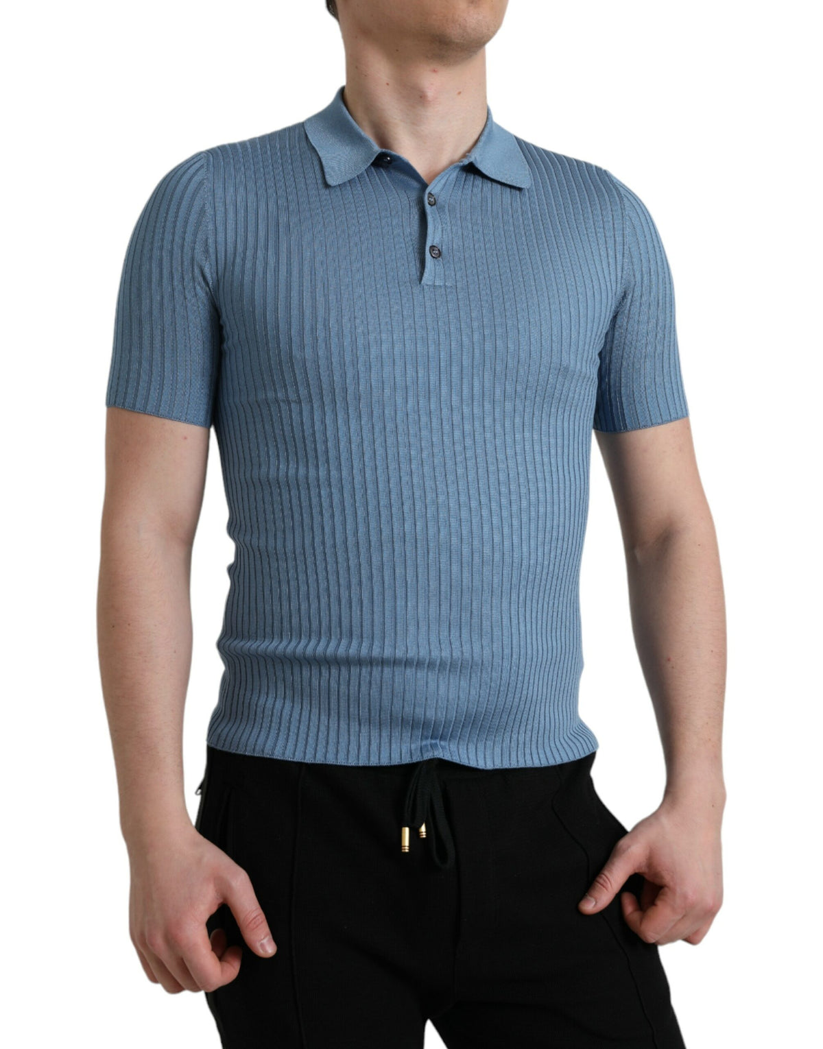 Dolce & Gabbana Silk Henley Polo Tee in Sky Blue