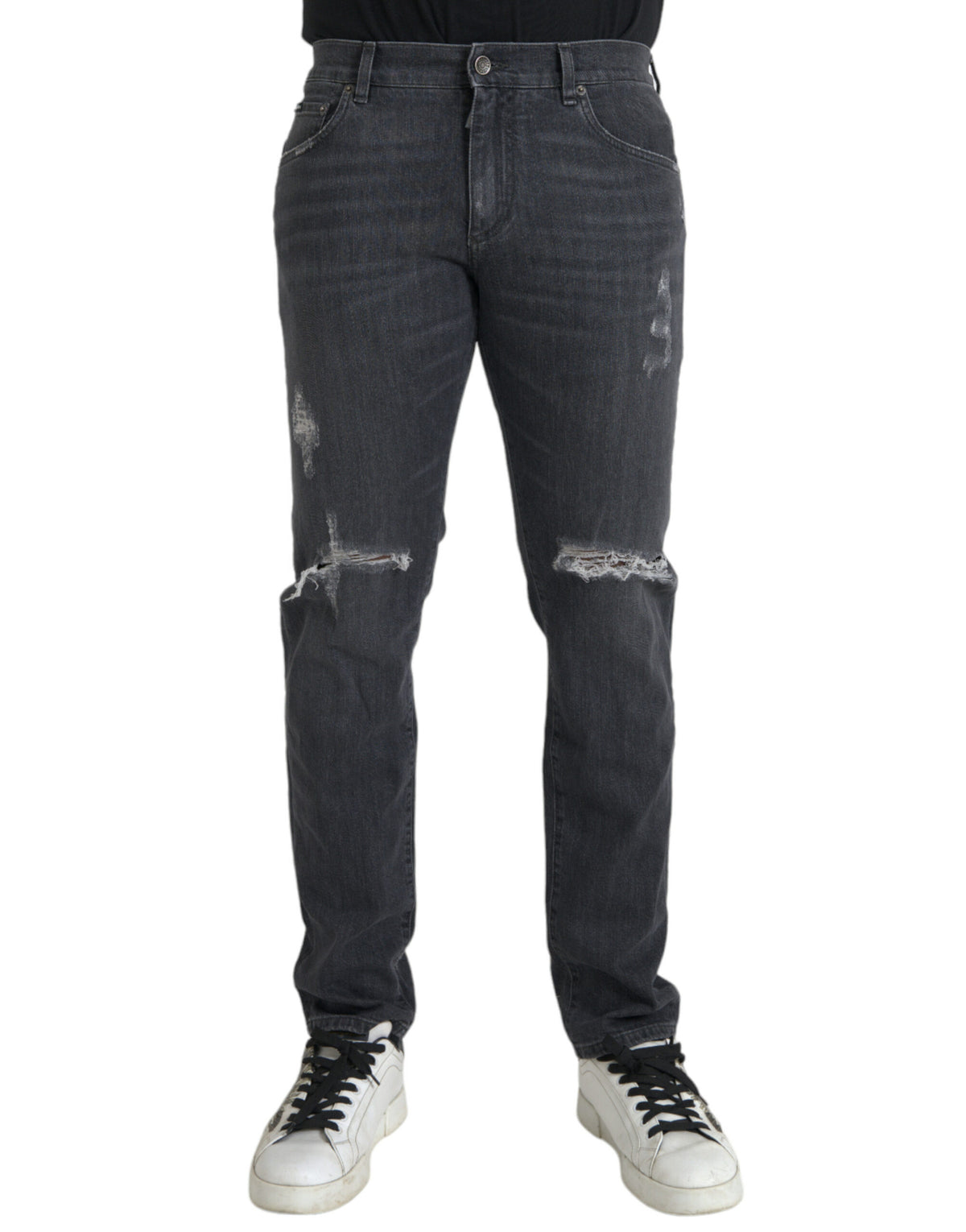 Dolce & Gabbana Gray Slim Fit Logo Plaque Cotton Denim Jeans