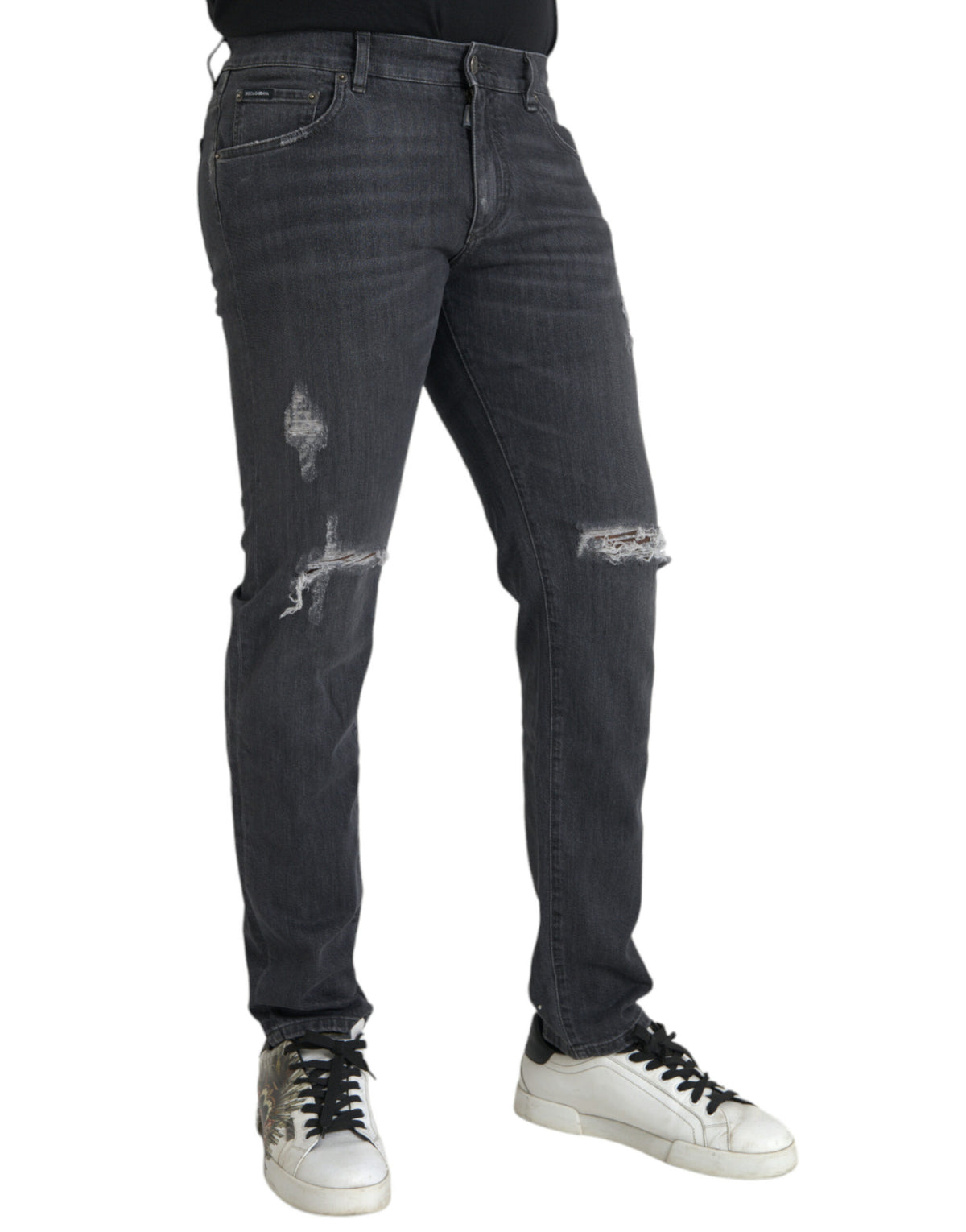 Dolce & Gabbana Gray Slim Fit Logo Plaque Cotton Denim Jeans