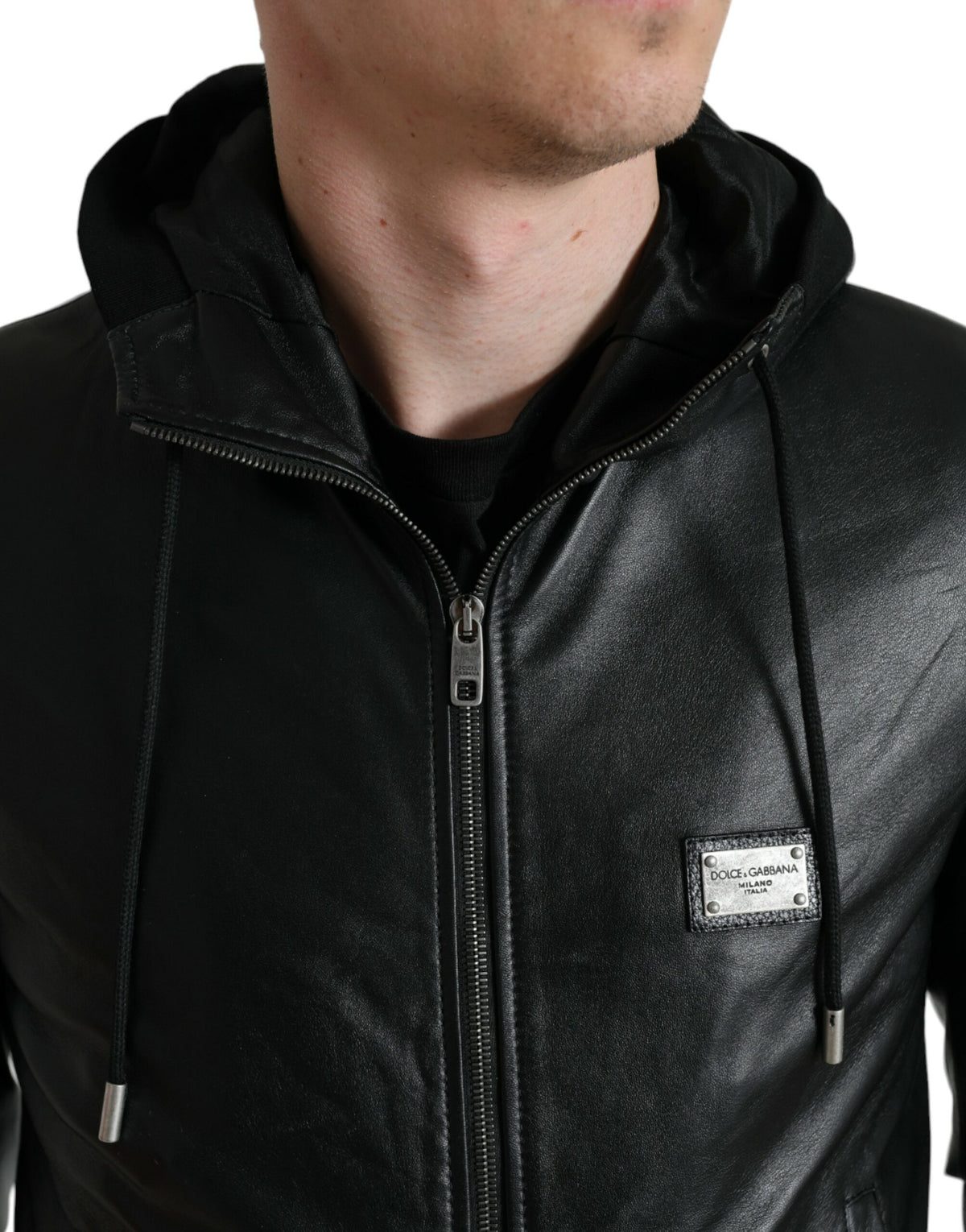 Dolce & Gabbana Elegant Black Leather Hooded Zip Jacket