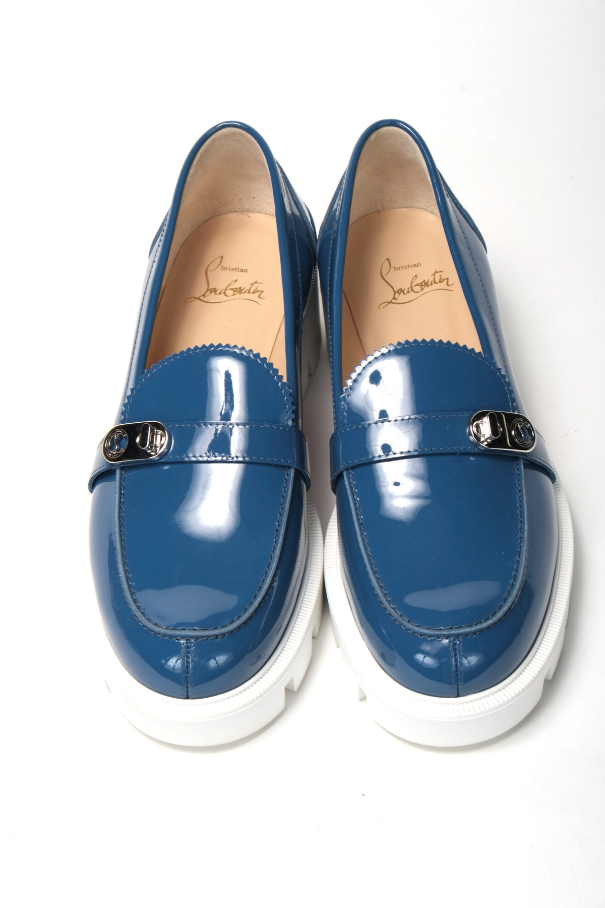 Christian Louboutin Blue and White Silver Logo Lock Boat Shoe