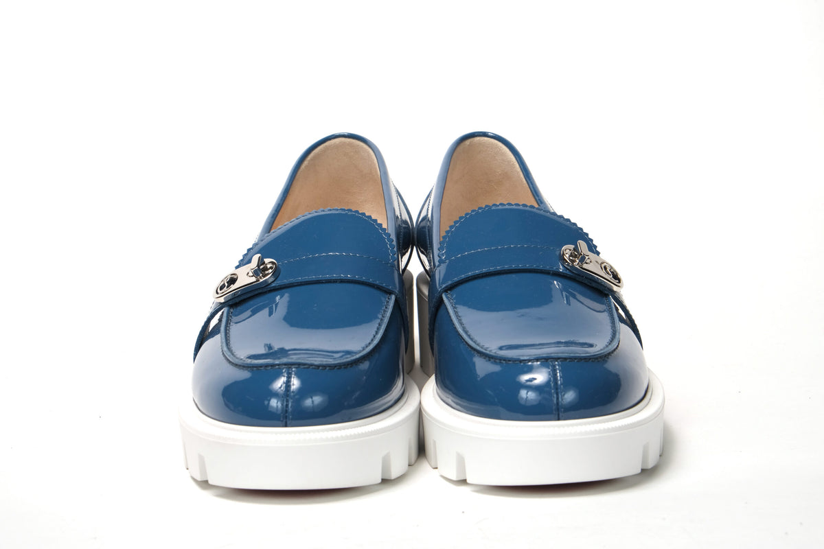 Christian Louboutin Blue and White Silver Logo Lock Boat Shoe