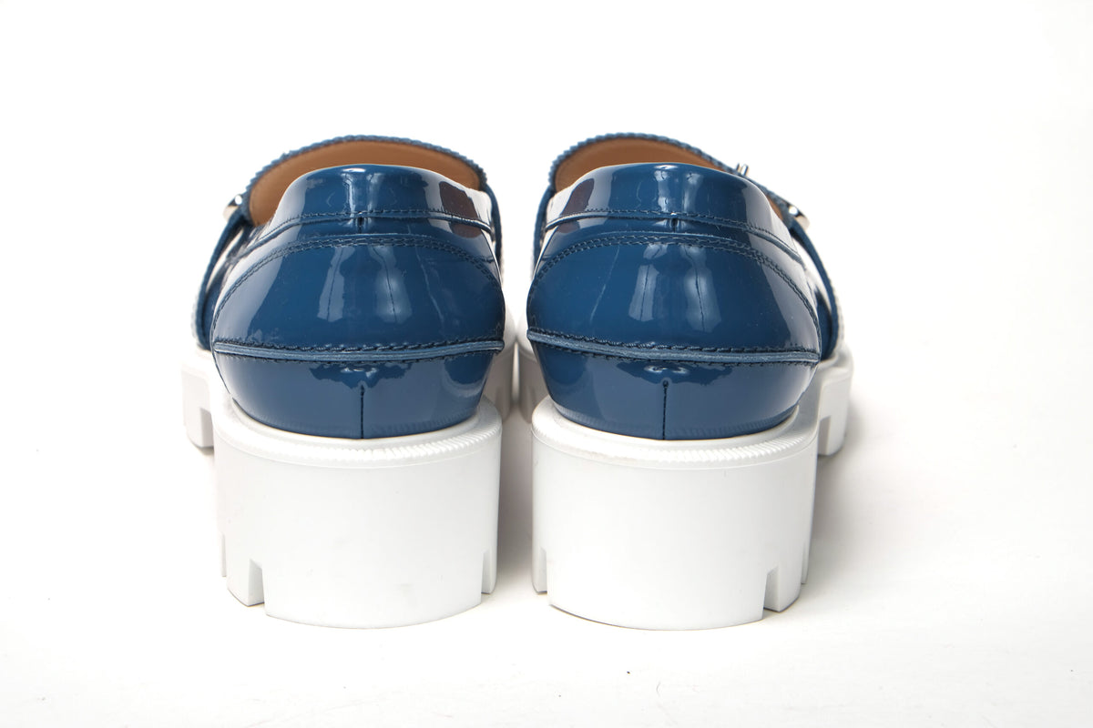 Christian Louboutin Blue and White Silver Logo Lock Boat Shoe