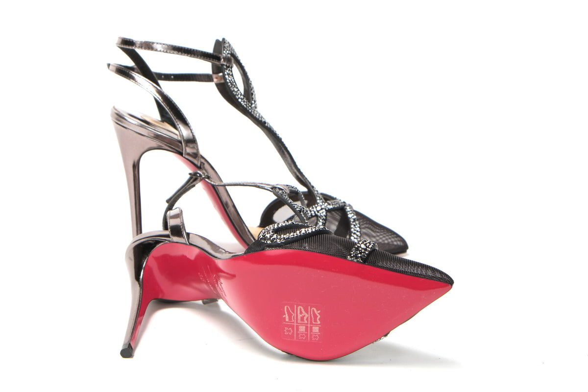 Christian Louboutin Black Crystal and Leather Strappy High Heel Sandal