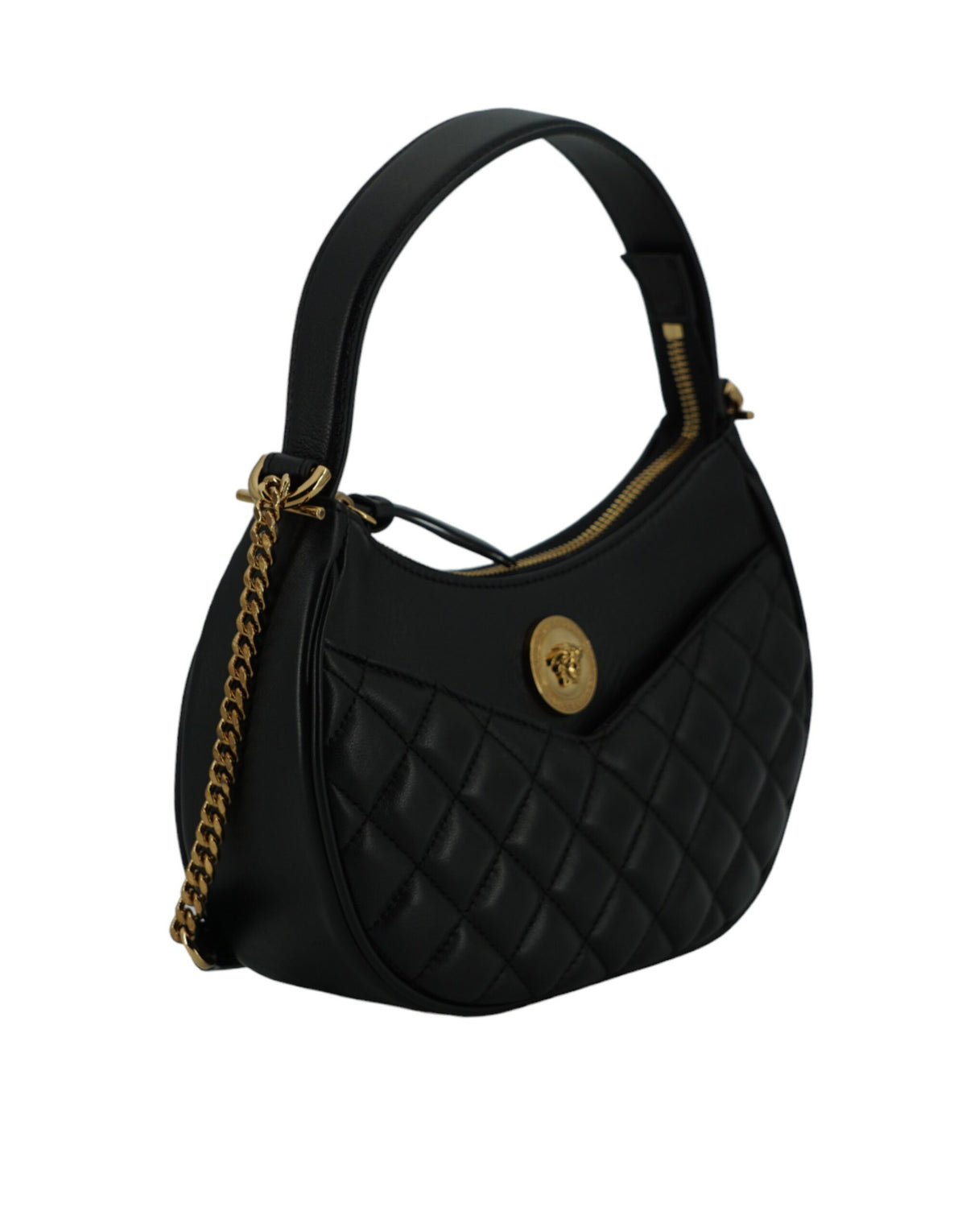 Versace Black Leather Half Moon Shoulder Bag