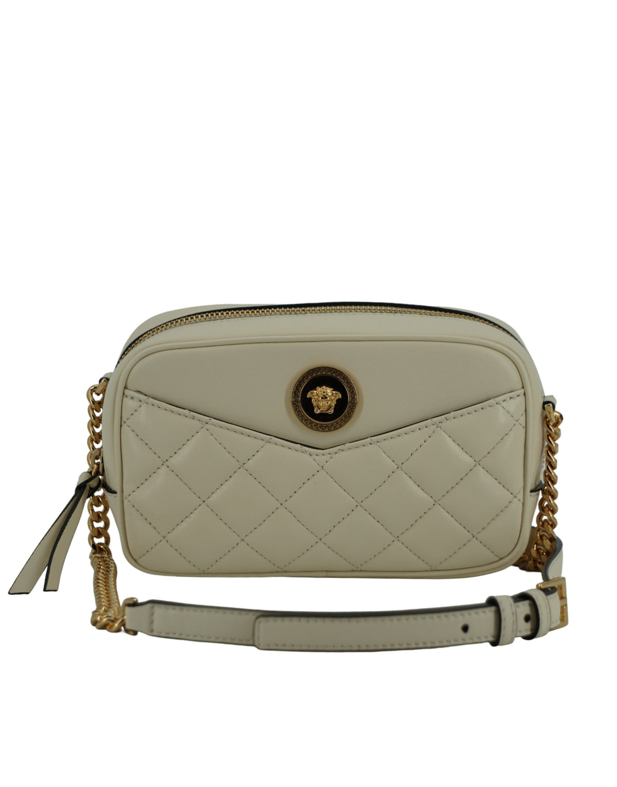 Versace White Lamb Leather Small Camera Crossbody Bag