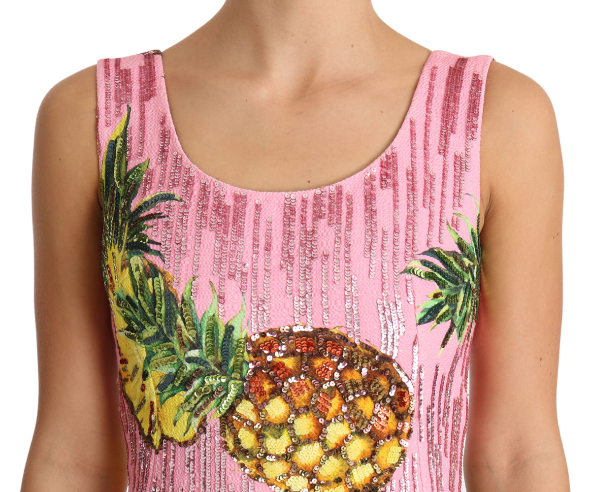 Dolce & Gabbana Sequined Pink Pineapple Midi Dress