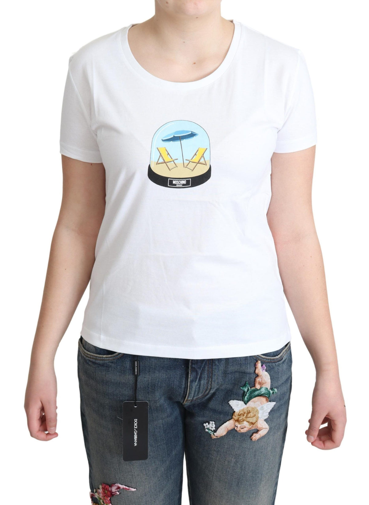 Moschino Chic White Cotton Tee With Iconic Print