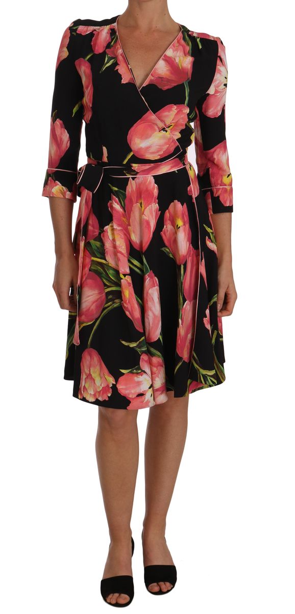 Dolce & Gabbana Elegant Black Shift Dress with Pink Tulips Print