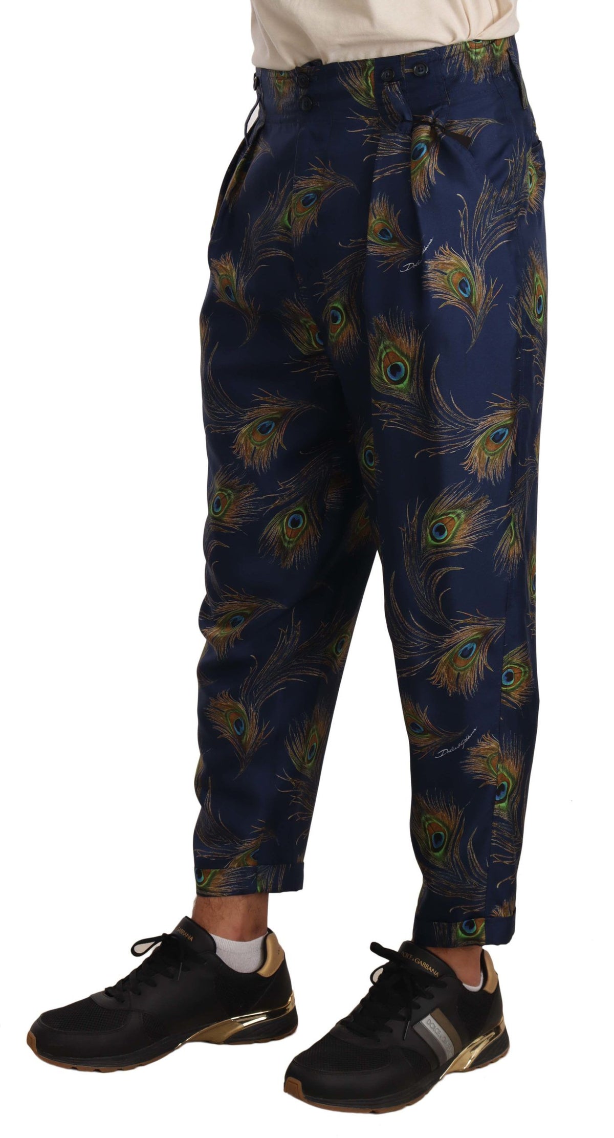 Dolce & Gabbana Exquisite Peacock Print Silk Trousers