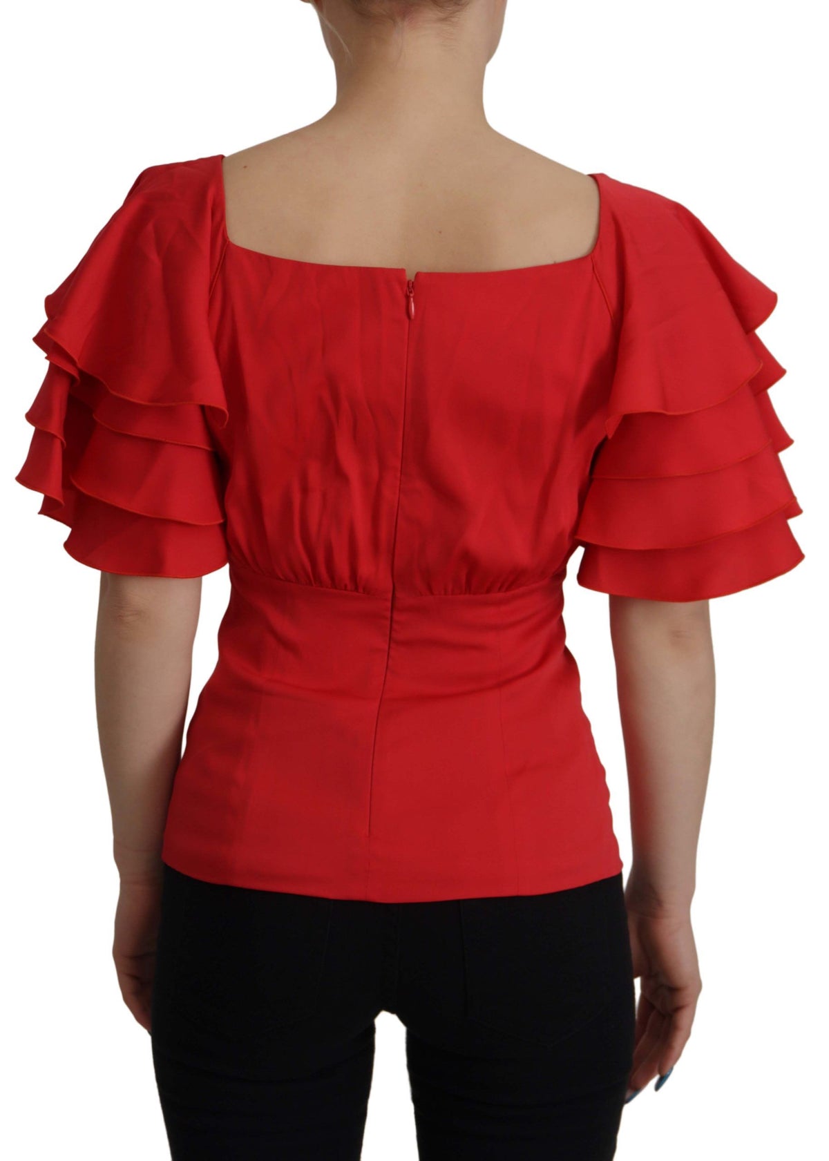 Dolce & Gabbana Elegant Red Silk V-Neck Ruffle Blouse