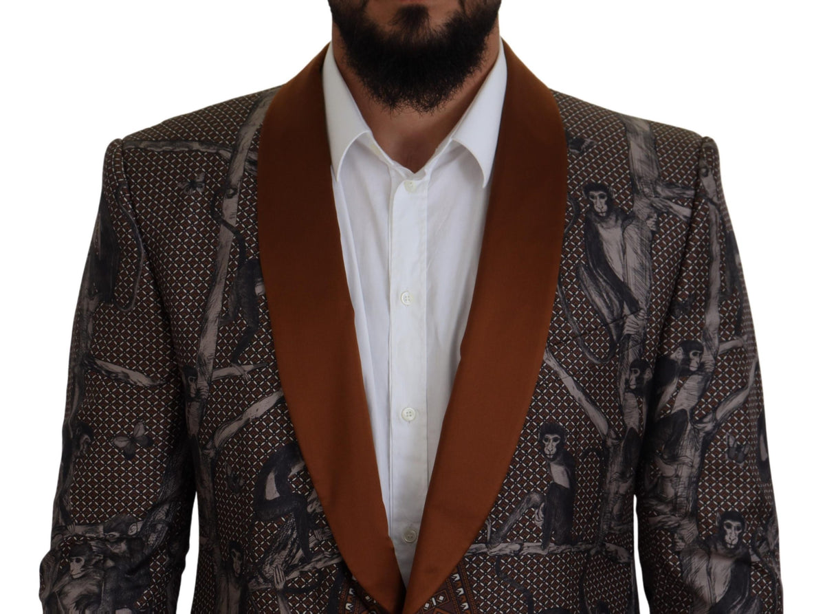 Dolce & Gabbana Elegant Bronze Brown Monkey Print Silk Blazer