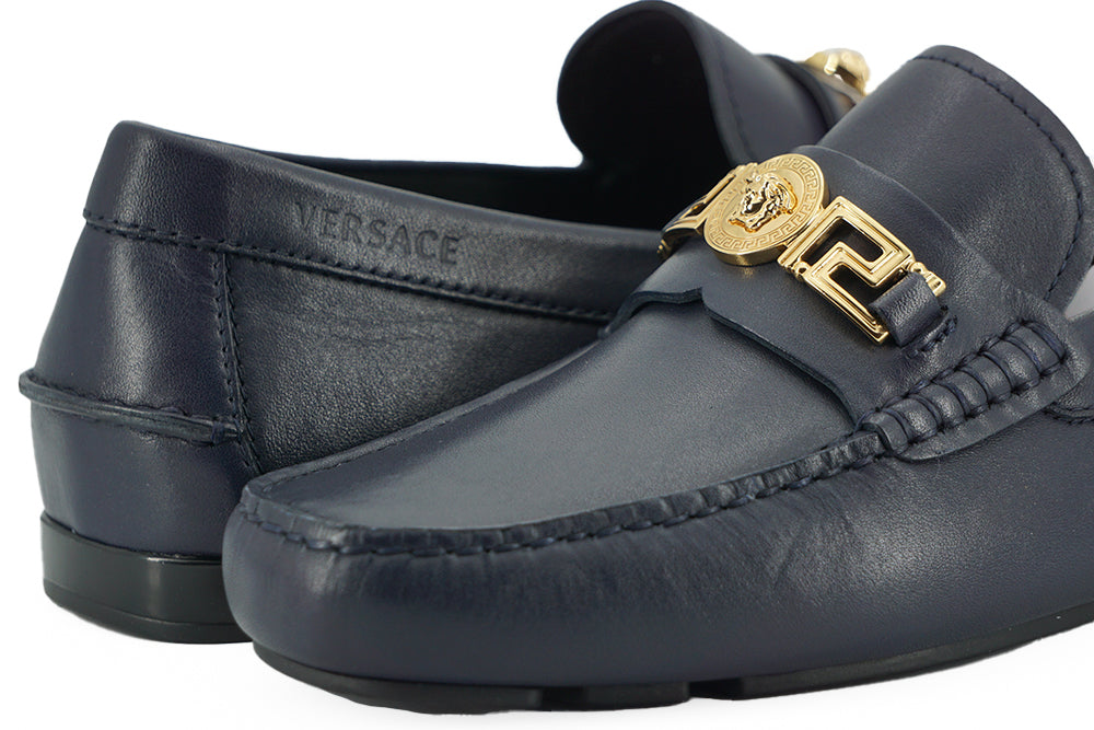 Versace Navy Blue Calf Leather Loafers Shoes