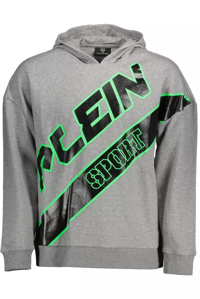 Plein Sport Sleek Gray Hooded Sweatshirt with Bold Accents