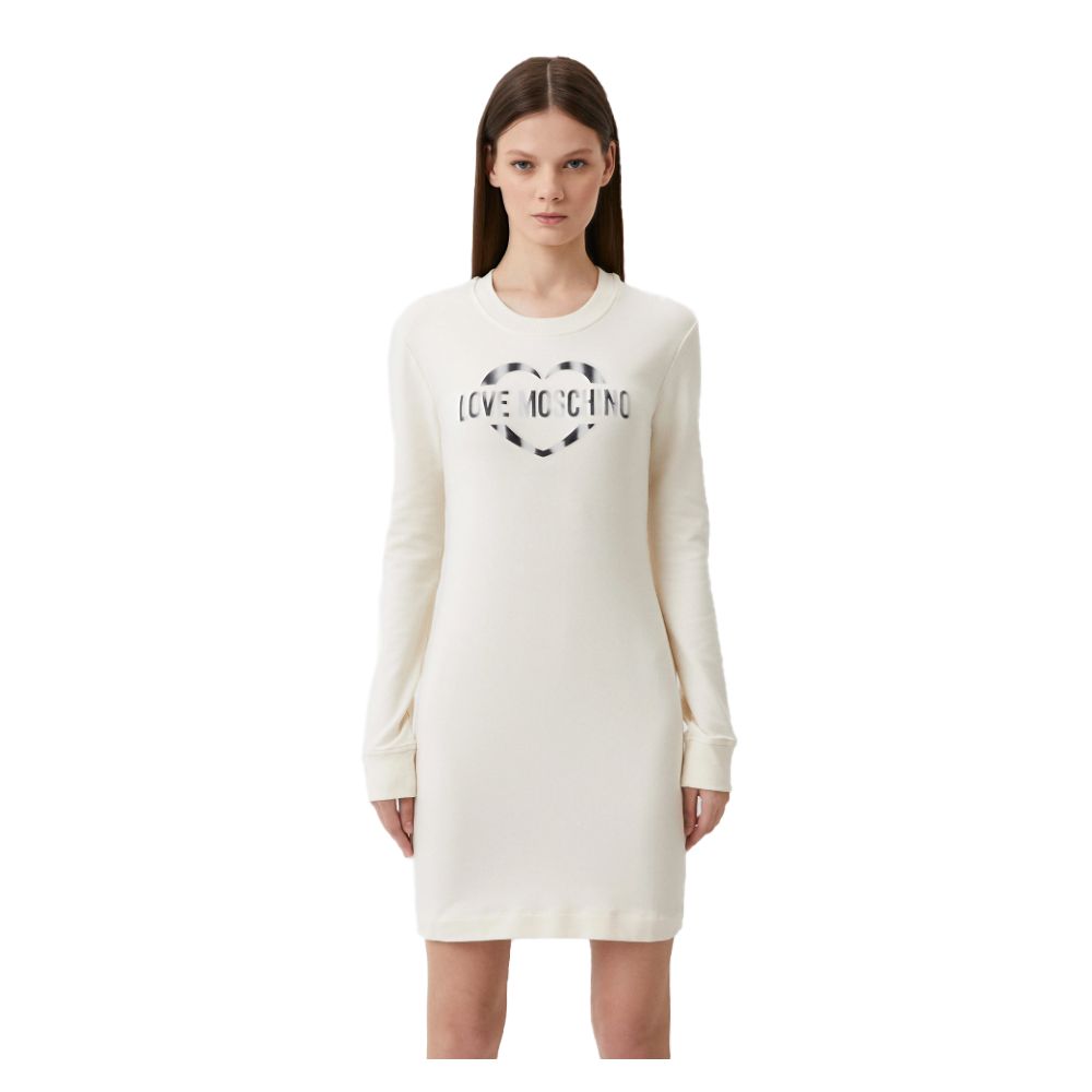 Love Moschino Chic White Cotton Blend Dress With Logo Accent