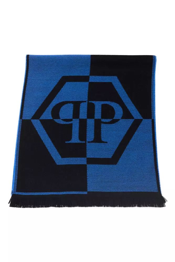 Philipp Plein Elegant Fringed Logo Scarf in Blue