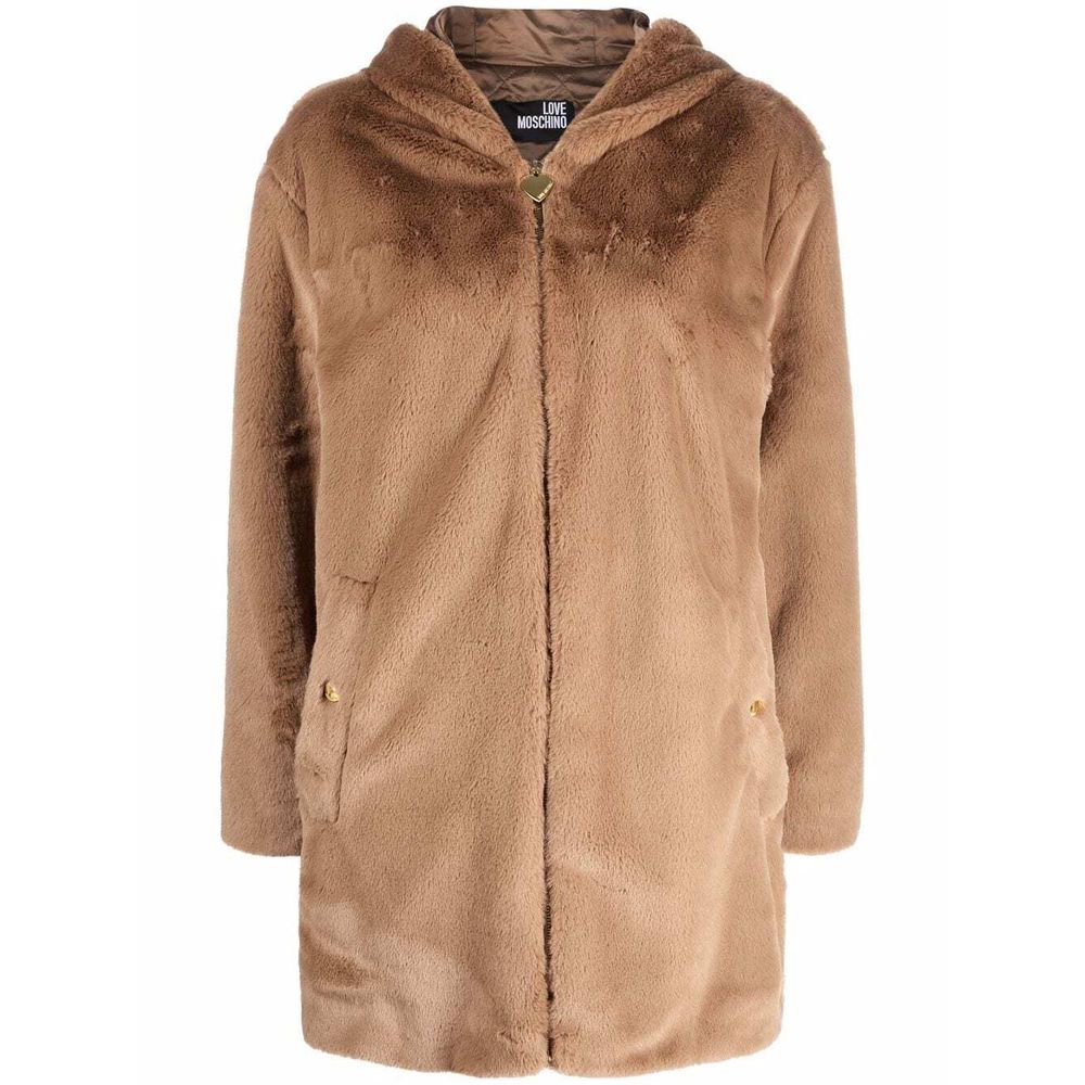 Love Moschino Elegant Beige Faux Fur Hooded Coat