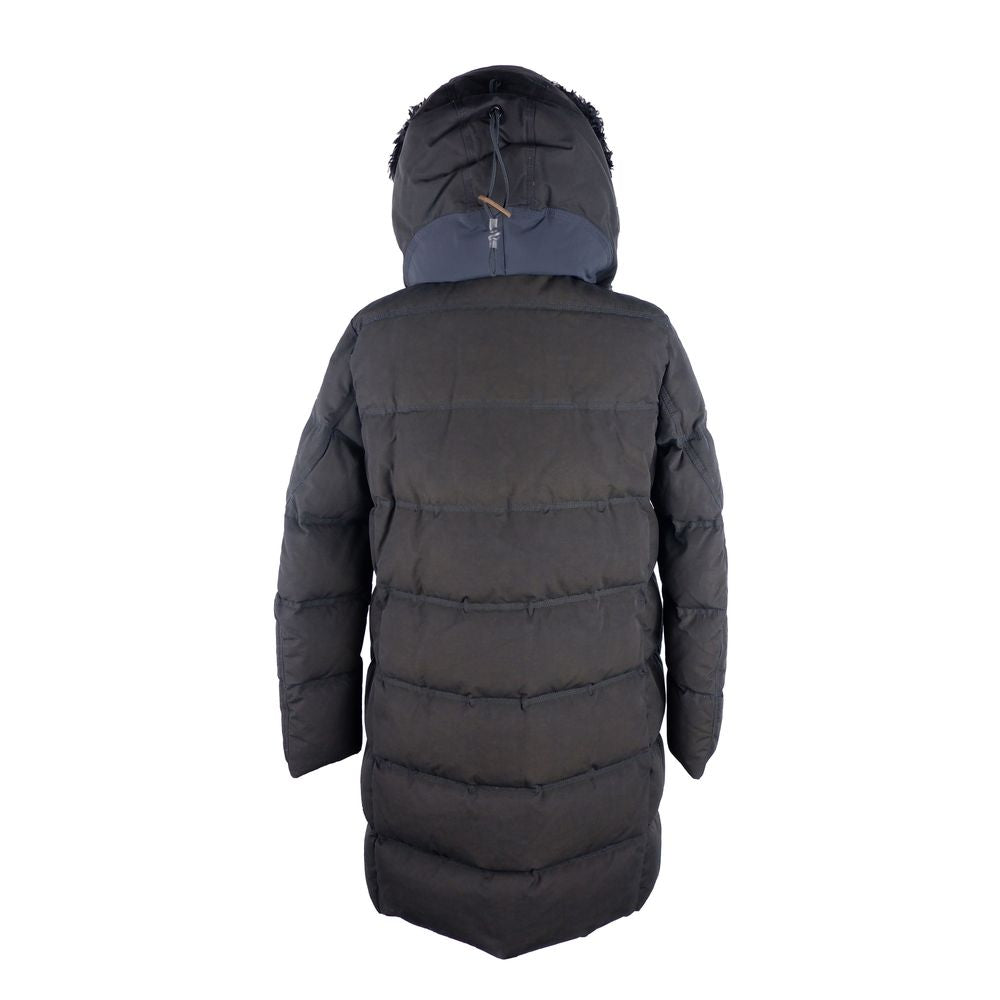 Toddlerey Chic Long Black Jacket with Blue Accents and Fur Hood