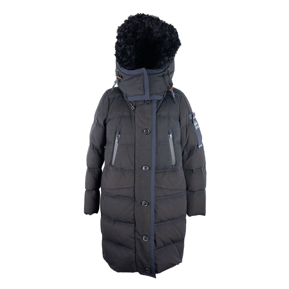 Toddlerey Chic Long Black Jacket with Blue Accents and Fur Hood