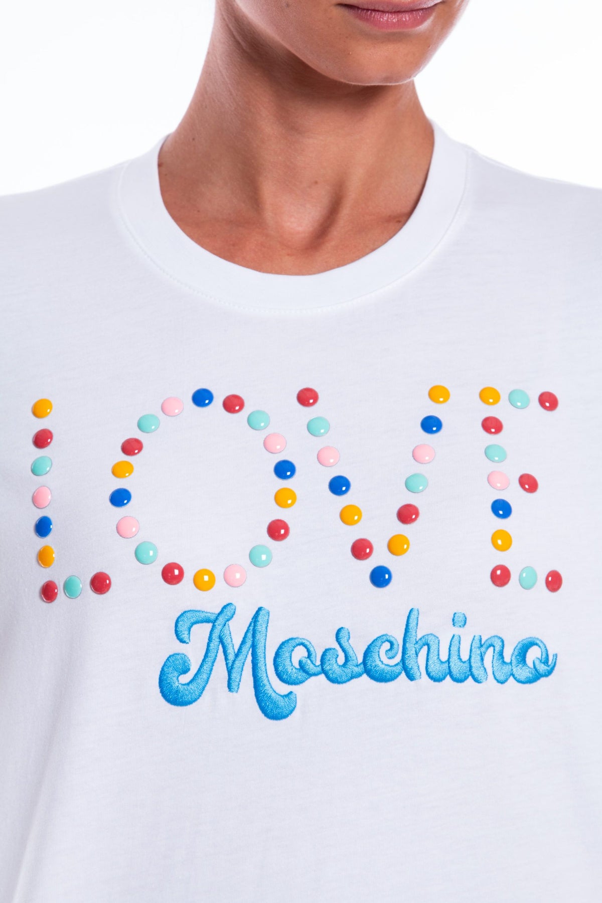 Love Moschino Beaded Logo Embraidered Cotton Tee