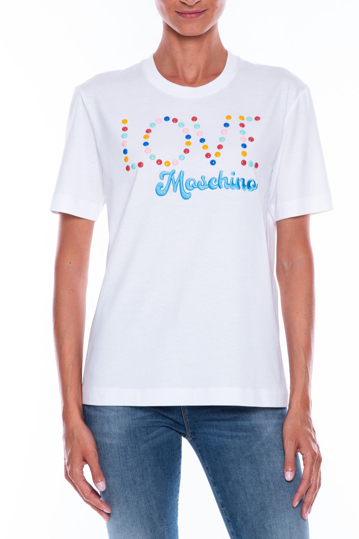 Love Moschino Beaded Logo Embraidered Cotton Tee