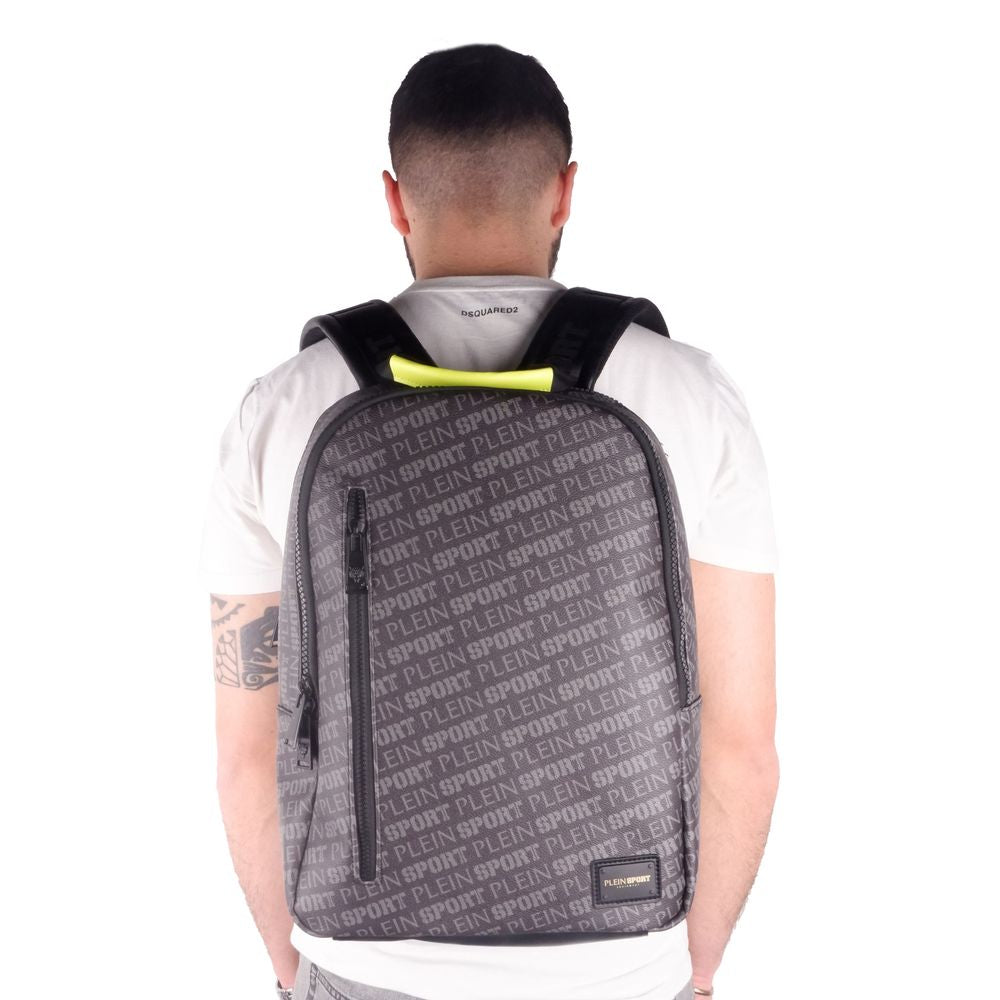 Plein Sport Sleek Black Eco-Leather Backpack with Logo Print