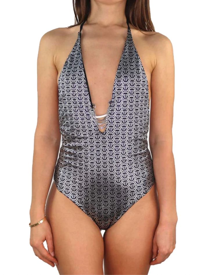 Philipp Plein Glamorous Silver-Logo One-Piece Swimsuit