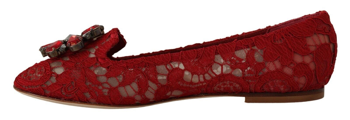 Dolce & Gabbana Radiant Red Lace Ballet Flats with Crystal Buckle