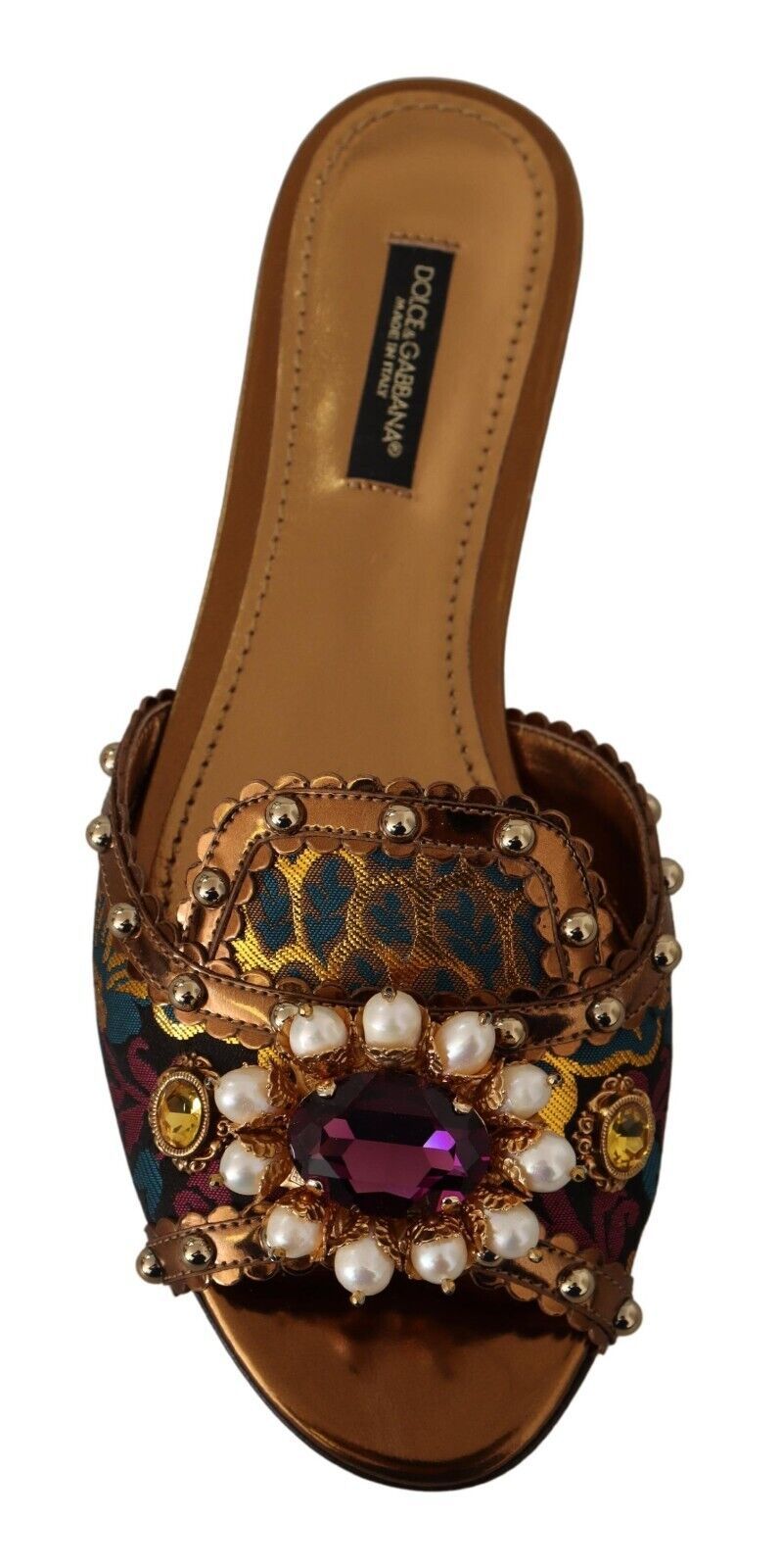 Dolce & Gabbana Chic Floral Print Flat Sandals with Faux Pearl Detail