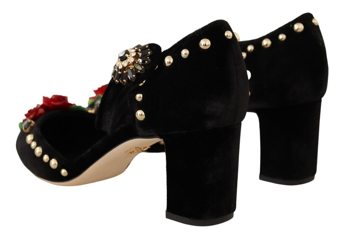 Dolce & Gabbana Elegant Velvet Studded Heels with Floral Accent