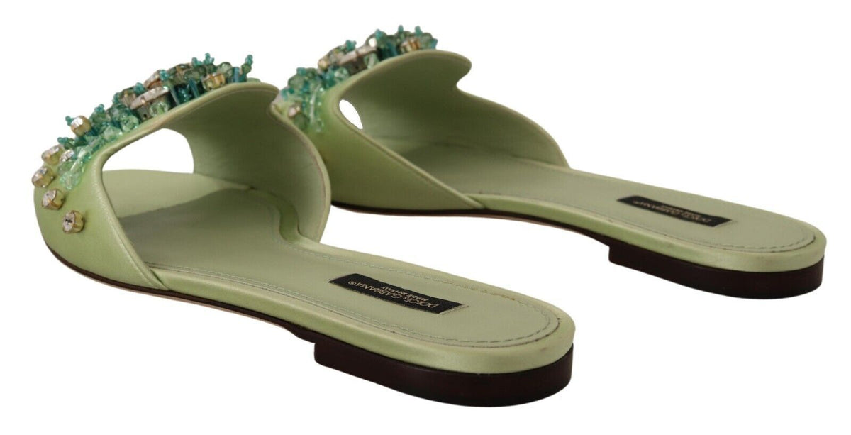 Dolce & Gabbana Elegant Crystal-Embellished Green Leather Slides